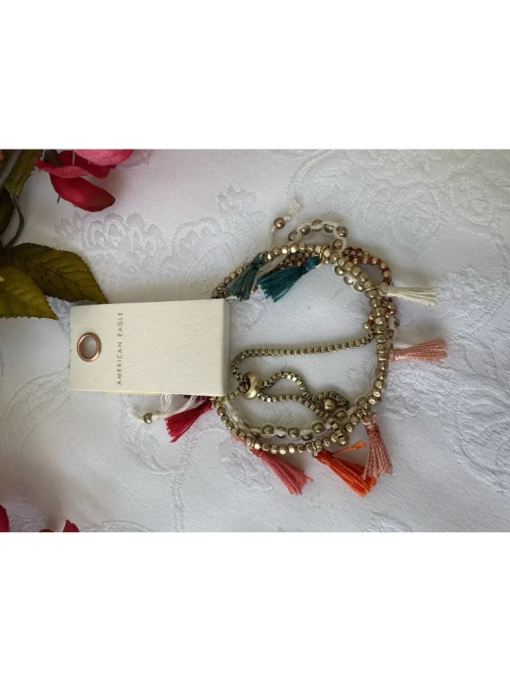 American Eagle Goldtone Cream Colorful Tassel Beads Bracelet Set 3 PC Stack NEW